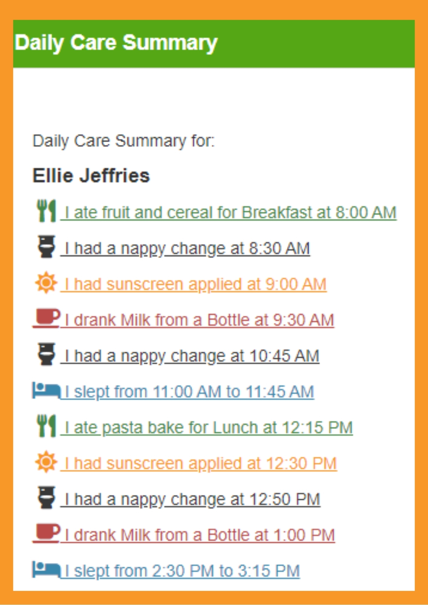 Daily Care Activities in Program & Practices and shared to Parent Portal.